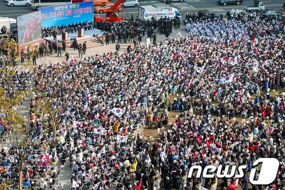 본문 이미지 - 보수단체 회원들이 30일 오후 서울광장에서 국민행동본부 주최로 열린 NLL 포기 음모 규탄 국민궐기대회에서 태극기를 흔들며 구호를 외치고 있다. © News1 유승관 기자