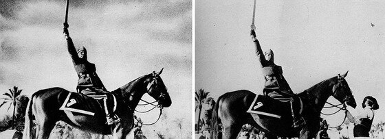 본문 이미지 - 이탈리아의 독재자 베니토 무솔리니(左)는 좀 더 영웅적으로 보이고자 오른쪽 말 조련사의 모습을 삭제했다. (데일리메일) © News1 