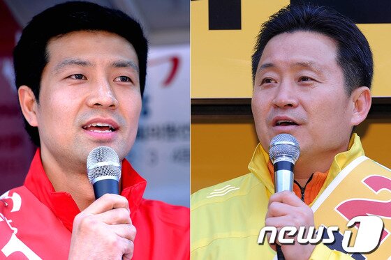 본문 이미지 - 4.11 총선 공식선거 첫날인 29일 오후 부산 사하구갑 기호1번 새누리당 문대성후보(왼쪽)와 기호2번 민주통합당 최인호 후보가 괴정동과 당리동을 찾아 시민들에게 지지를 호소하고 있다. © News1 이동원 기자