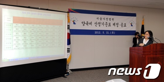 (서울=뉴스1) 허경 기자 = 서울가정법원 양육비위원회 배인구 위원장(부장판사)이 31일 오후 서울 서초동 서울가정법원에서 양육비 산정기준표 제정 공표 기자회견을 하고 있다. 이 …