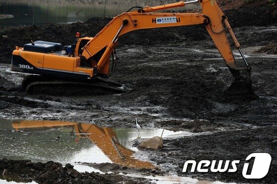본문 이미지 - 본격적인 농번기가 시작됐지만 5월 이후 극심한 가뭄이 이어지고 있는 13일 경기 파주시 조리읍 공릉저수지 저수율이 30% 이하로 떨어진 가운데 물고랑을 내는 작업을 하는 굴착기 앞으로 백로 한 마리가 먹이를 찾고 있다. 한국농어촌공사에 따르면 전달 한 달간 강수량은 평년의 39%에 불과한 41㎜에 그쳤다.  2012.6.13/뉴스1 © News1 한재호 기자