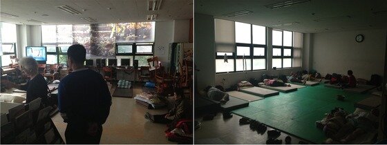 본문 이미지 - '쉼터' 이용자들이 급하게 만든 임시숙소에서 휴식을 취하고 있다. © News1 박현우 기자