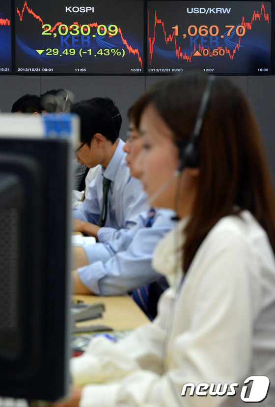 (서울=뉴스1) 정회성 기자 = 31일 오후 서울 중구 명동 외환은행 본점 딜링룸 전광판에 코스피가 전일 대비 29.49포인트(1.43%) 내린 2030.09를, 원·달러 환율은 …