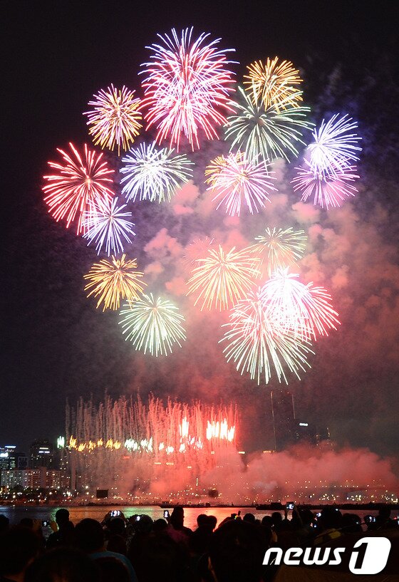 본문 이미지 - 5일 저녁 서울 여의도 63빌딩 앞에서 열린 2013 서울세계불꽃축제에서 화려한 불꽃들이 깊어가는 가을 밤하늘을 수놓고 있다. 2013.10.5/뉴스1 © News1   박지혜 기자