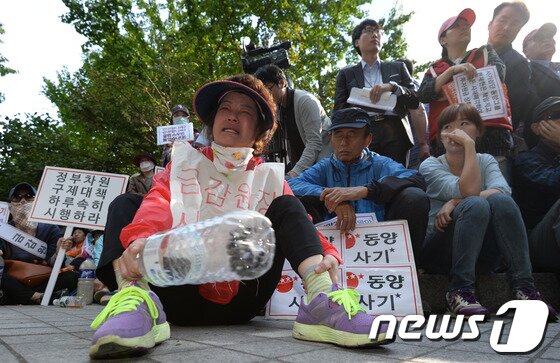 본문 이미지 - 동양그룹 사태 피해자가 9일 오후 서울 여의도 금융감독원 앞에서 동양그룹 사태, 피해 최소화와 대책 마련 항의 집회에서 눈물을 흘리고 있다.이날 집회 참가자들은 '피땀 흘린 서민들을 정부는 외면 말라', '고객 원금 보장하라' 등의 문구가 적힌 피켓을 들고 목소리를 높였다. 2013.10.9/뉴스1 © News1   박지혜 기자