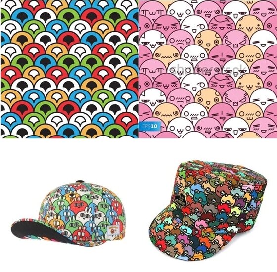 본문 이미지 - 마조웍스 측이 공개한 '구슬 패턴' 참조 이미지(위쪽)와 표절 논란이 일고 있는 마조앤새디 모자(왼쪽)와 사쿤 모자(오른쪽) © News1