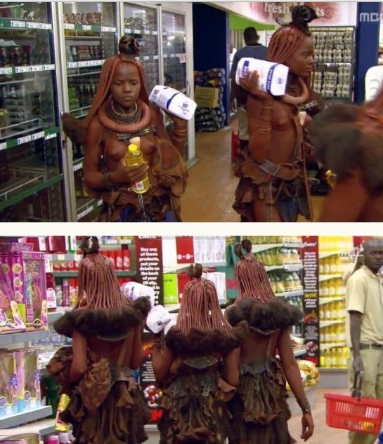 본문 이미지 - 대형마트에서 장을 보고 있는 힘바족 원주민. (온라인 커뮤니티) © News1  