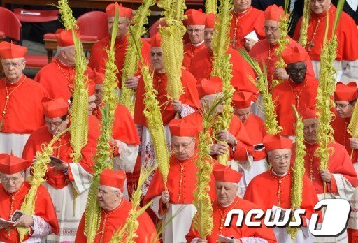 본문 이미지 - 24일  성지주일 미사에 앞서 종려나무 가지를 들고 제대를 향해 행렬 전례를 거행중인 사제단 © News1  