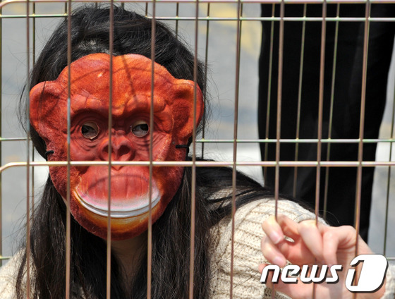 (서울=뉴스1) 박세연 기자 = 세계 실험동물의 날인 24일 오후 서대문구 신촌 세브란스병원 앞에서 동물보호단체 회원들이 '동물 생체실험'에 반대하는 퍼포먼스를 벌이고 있다. 세브 …