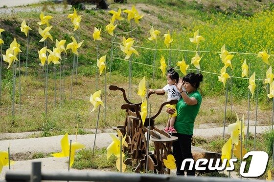 본문 이미지 - p故 노무현 전 대통령 4주기를 하루 앞둔 22일 오후 김해 봉하마을에 설치된 노란 바람개비 앞에서 시민들이 사진을 찍고 있다. 2013.5.22/뉴스1 © News1 전혜원 기자/p