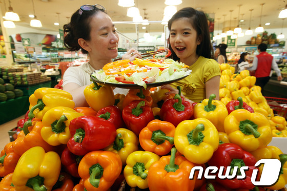 롯데마트가 23일 오전 서울역점에서 엔저(円低)에 고통 받는 파프리카 농가를 위해 7월 말까지 파프리카를 개당 1,000원에 판매한다고 밝혔다. 이번에 선보이는 파프리카는 농약대신 …