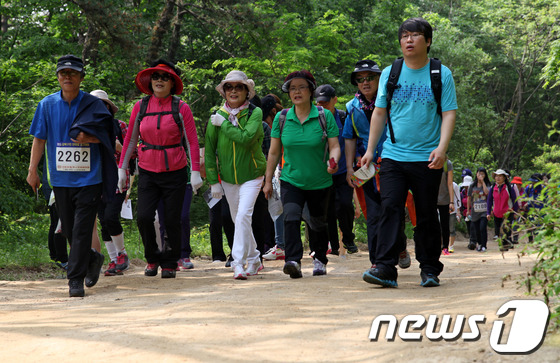 (서울=뉴스1) 박세연 기자 = 25일 서울 강북구 우이령 일대에서 열린 '2013 강북구민 한마음 걷기대회'에서 참석자들이 발걸음을 옮기고 있다. (강북구 제공) 2013.5.2 …