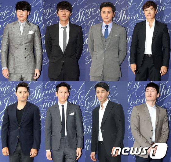 본문 이미지 - 26일 오후 용산구 한남동 그랜드하얏트서울에서 열린 배우 신현준의 결혼식에는 최고의 남자 배우들이 대거 참석해 돈독한 우정을 뽐냈다. 사진 왼쪽 위부터 시계방향으로 정우성, 현빈, 장동건, 이병헌, 장혁, 차승원, 이정재, 주진모. 2013.5.26 머니투데이/뉴스1 © News1 