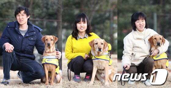 본문 이미지 - 왼쪽부터 조원석씨와 안내견 &#39;평등&#39;, 현지수씨와 &#39;처음&#39;, 최유민씨와 &#39;포부&#39;&#40;사진제공=삼성화재&#41;© News1  
