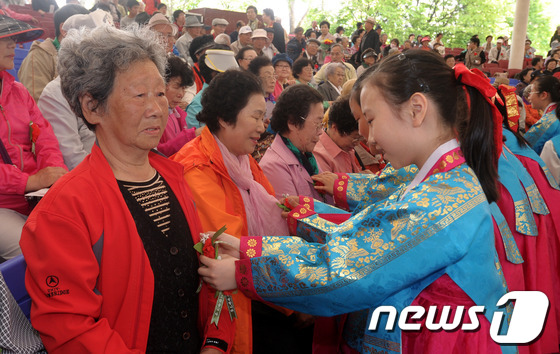 (서울=뉴스1) 안은나 기자 = 어버이날인 8일 서울 송파구 서울놀이마당에서 열린 제41회 어버이날 행사에서 어린이들이 어르신들에게 카네이션을 달아드리고 있다. 2013.5.8/뉴 …
