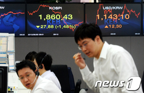 (서울=뉴스1) 양동욱 기자 = 코스피 지수가 급락하고 원·달러 환율이 상승하며 장을 시작한 20일 오전 서울 명동 외환은행 본점 딜링룸에서 딜러들이 분주히 업무를 보고 있다. 이 …