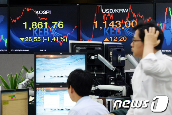 (서울=뉴스1) 양동욱 기자 = 코스피 지수가 급락하고 원·달러 환율이 상승하며 장을 시작한 20일 오전 서울 명동 외환은행 본점 딜링룸에서 딜러들이 분주히 업무를 보고 있다. 이 …
