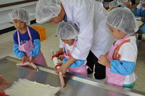 본문 이미지 - '서부충남고품질양돈클러스터' 사업단이 지역 어린이를 소세지 공장으로 초청, 소세지 체험교육을 실시하고 있다. © News1  