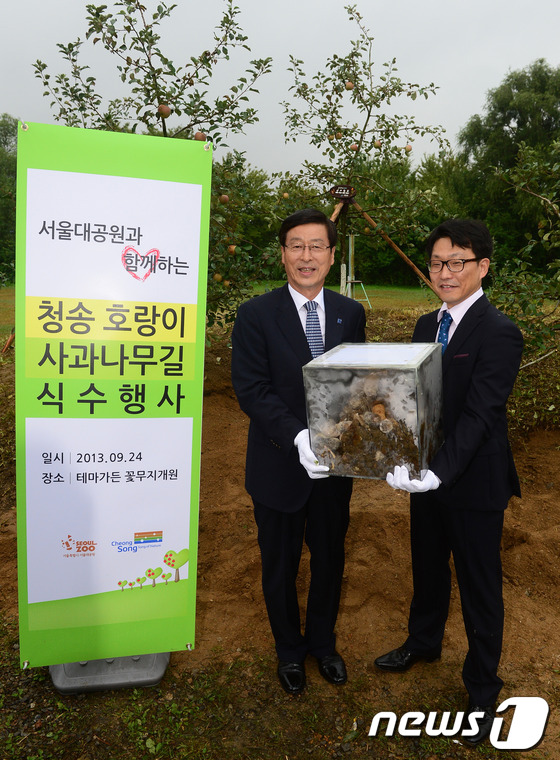 (과천=뉴스1) 손형주 기자 = 24일 오후 경기도 과천시 서울동물원에서 열린 청송 호랑이 사과나무길 식수 행사에서 서울대공원 안영노 원장(오른쪽)이 한동수 청송 군수에게 호랑이 …