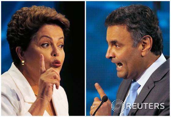 지우마 호세프 브라질 대통령(왼쪽)과 아에시우 네비스 후보.© 로이터=뉴스1 