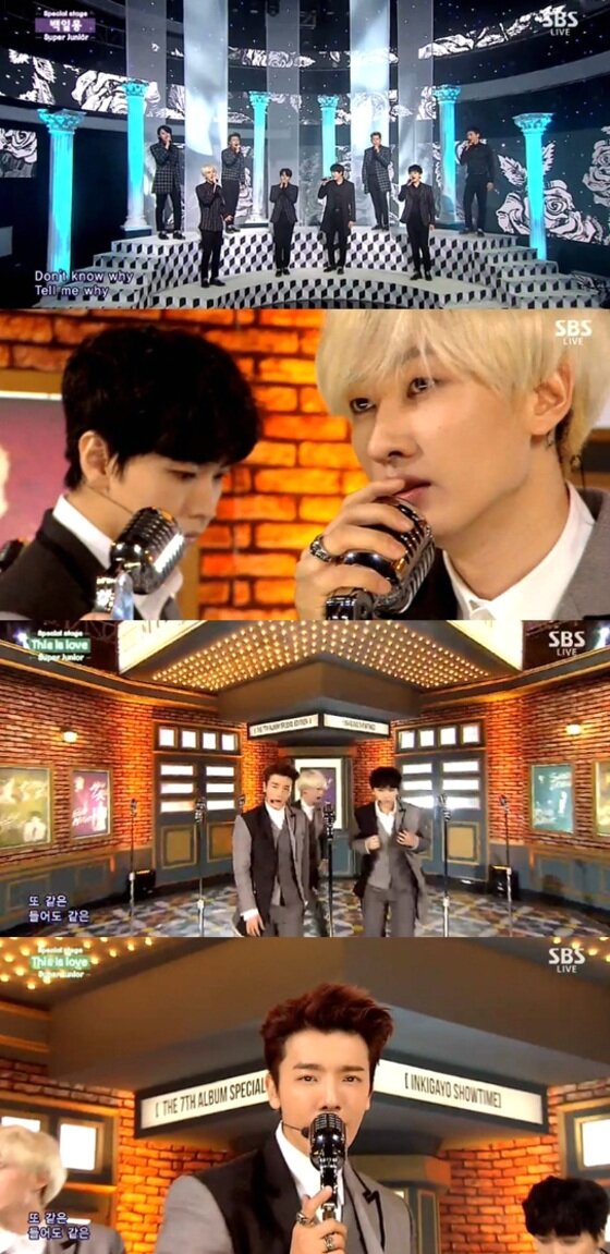 본문 이미지 - 슈퍼주니어가 26일 방송된 SBS '인기가요'에서 T his is love무대를 꾸몄다. ⓒ SBS 인기가요 방송 캡처