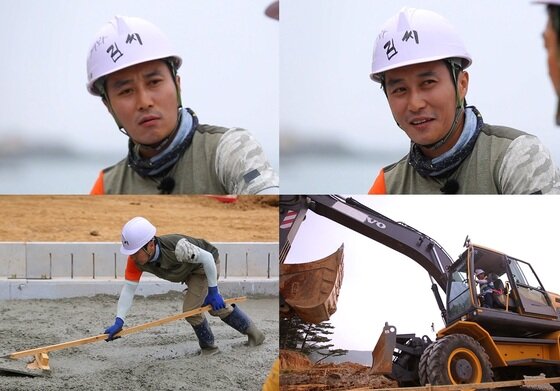 본문 이미지 - 김병만이 &acute;즐거운 가&acute; 현장에서 집짓기에 열중하고 있는 모습이 공개됐다. ⓒ SM C&C