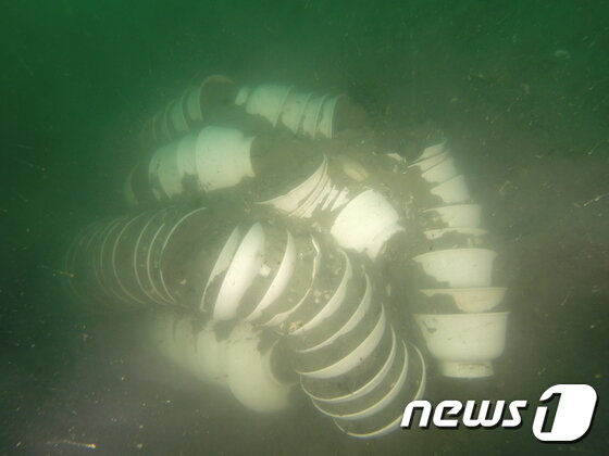 본문 이미지 - '마도 4호선'에 부근에서 발견된 백자 다발.(문화재청 제공) 2014.11.5/뉴스1 ⓒ News1