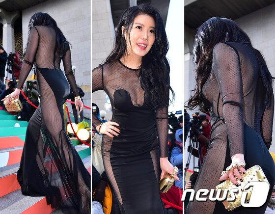 본문 이미지 - 청룡을 깜짝 놀라게 한 노출녀. 배우 노수람이 17일 오후 서울 종로구 세종문화회관에서 열린 "제35회 청룡영화상"에 참석해 레드카펫을 밟고 있다. 이날 노수람은 짙은 검은색 천과 속이 훤히 비치는 시스루 소재로 된 드레스를 입었다. 그의 드레스는 옆구리부터 다리까지 옆 부분 전체를 드러내 눈길을 끌었다. 노수람은 MBC "미스코리아", "미스터 백", 영화 "환상" 등에 출연했고, 지난 달 열린 2014 대한민국문화연예대상에서 신인배우상을 수상했다. ⓒ News1 권현진 기자