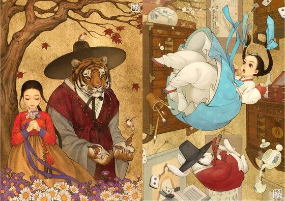 본문 이미지 - &#39;미녀와 야수&#39;의 벨&#40;사진 왼쪽&#41;, &#39;이상한 나라의 엘리스&#39;의 엘리스&#40;사진 오른쪽&#41; ⓒ우나영 트위터&#40;@00obsidian00&#41; ⓒ News1