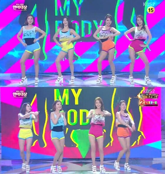 본문 이미지 - 27일 밤 9시15분 방송된 &acute;2014 KBS2 연예대상&acute;에서 오정연, 정다은, 정지원, 이슬기 아나운서이 씨스타로 변신했다. ⓒ 뉴스1스포츠 / &acute;2014 KBS2 연예대상&acute; 캡처