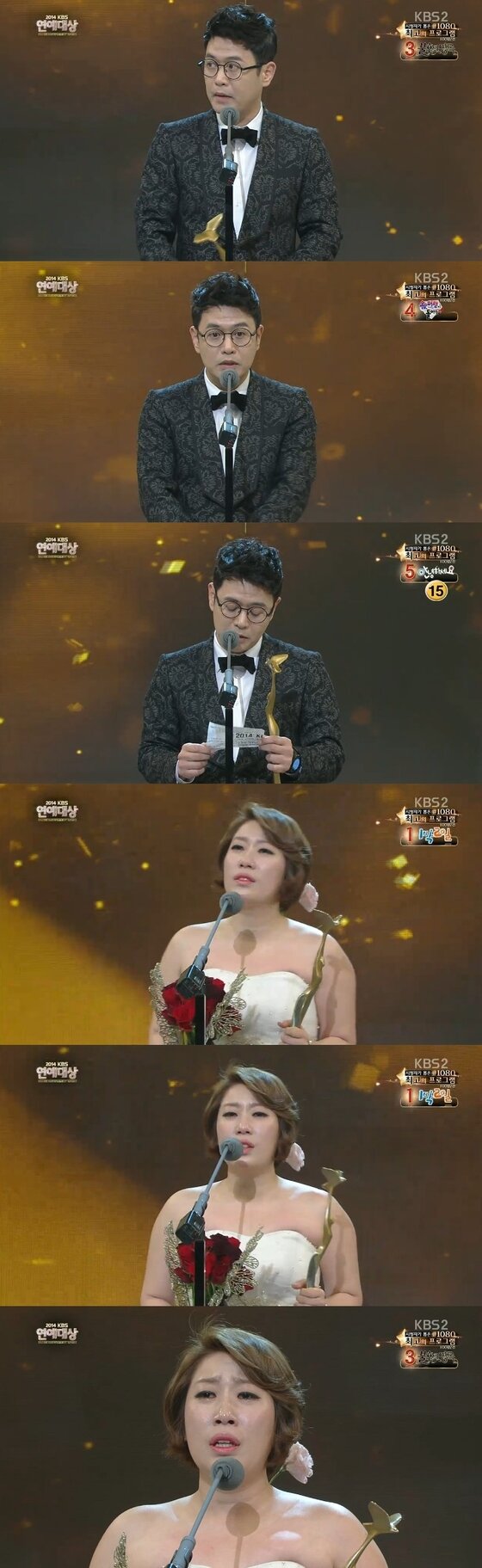 본문 이미지 - 김대희와 김영희가 27일 밤 9시15분 방송된 &acute;2014 KBS 연예대상&acute;에서 코미디 부문 최우수상을 수상했다. ⓒ 뉴스1스포츠 / &acute;2014 KBS 연예대상&acute; 캡처