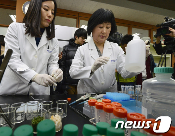 (서울=뉴스1) 최영호 기자 = 20일 오전 서울 종로구 서울특별시교육청 내 학교보건진흥원에서 열린 식품안전분석실 개소식에서 연구원들이 잔류농약 검사를 하고 있다. 진흥원은 학교 …