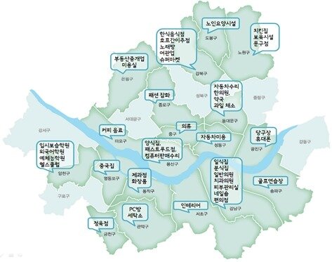본문 이미지 - 업종별 최고 입지계수 자치구별 현황(제공=서울시) © News1  
