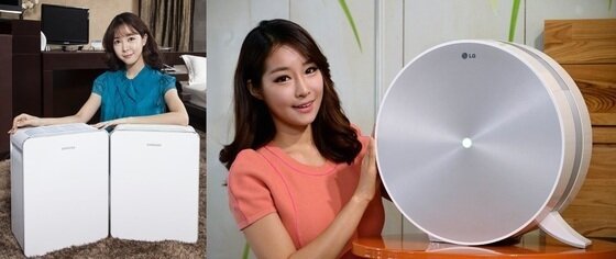 본문 이미지 - 삼성전자 '바이러스 닥터' 공기청정기(왼쪽)와 LG전자 2014년형 공기청정기. © News1  