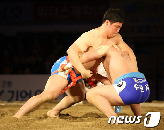 (보은=뉴스1) 정회성 기자 = 29일 충북 보은군 보은국민체육센터에서 열린 'IBK기업은행 2014 보은장사씨름대회' 한강급(110kg이하) 결정전에서 생애 첫 장사에 오른 현대 …