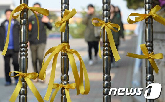 본문 이미지 - 세월호 여객선 침몰 사고 발생 8일째인 23일 오전 경기도 안산 단원고등학교 정문에 노란리본이 매달려 있다.노란리본은 보고 싶은 이의 무사 귀환을 바라는 소망을 상징한다. 2014.4.23/뉴스1 © News1   손형주 기자