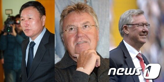 본문 이미지 - &#39;영원한 캡틴&#39; 박지성&#40;33&#41;의 성장에 많은 도움을 준 &#39;은사&#39;들. 왼쪽부터 허정무&#40;59&#41;, 거스 히딩크&#40;68&#41;, 알렉스 퍼거슨&#40;73&#41; 감독.© AFP=News1  