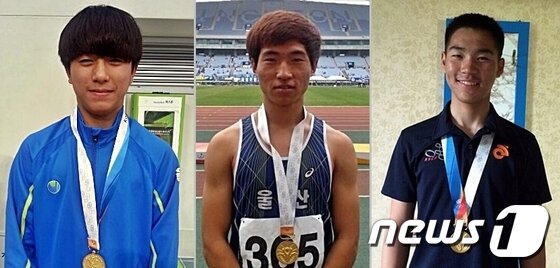 본문 이미지 - 인천에서 열리고 있는 ‘제43회 전국소년체육대회’에 참가 중인 울산 선수단이 대회 이틀째 25일 경기에서도 금메달 3개를 획득하는 등 선전을 이어갔다. 25일 금메달리스트. 왼쪽부터 수영의 구영중 이재경, 육상의 대현중 윤성준, 사이클의 천곡중 안재홍. (울산시체육회 제공) © News1