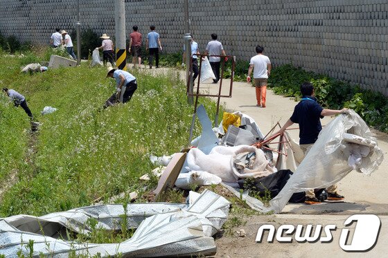 본문 이미지 - '토네이도' 피해를 입은 경기 고양시 일산서구 구산동 일원 들녘에서 11일 오후 고양시·철거용역업체·봉사단체 관계자 등이 바람에 날아온 온실시설물 잔해를 수거하고 있다.기상청은 10일 오후 7시께 고양시 장월나들목 인근 한강 둔치에서 토네이도 현상이 발생해 한시간 동안 지속됐다고 밝혔다. 이번 토네이도로 구산동 일원 장미 재배용 비닐하우스 등 원예시설물 20동 이상이 파손되는 피해를 입었다. 2014.6.11/뉴스1 © News1   정회성 기자