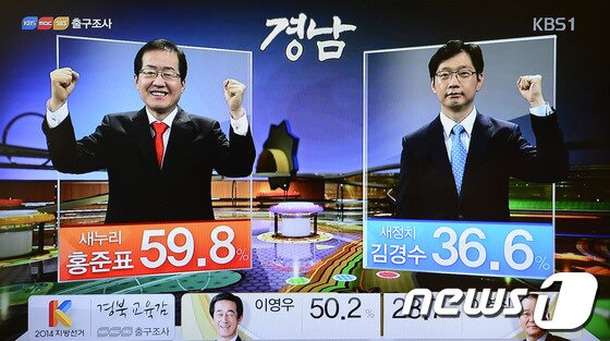 본문 이미지 - 제6회 전국동시지방선거 투표가 종료된 4일 오후 방송3사가 공동으로 진행한 출구조사를 발표하고 있다. (KBS 캡쳐) 2014.6.4/뉴스1 © News1   박지혜 기자