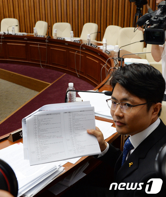 (서울=뉴스1) 박철중 기자 = 김광진 새정치민주당 의원이 2일 오후 서울 여의도 국회에서 열린 세월호 침몰사고 진상규명을 위한 국정조사 특별위원회 해양경찰청 기관보고 속개를 기다 …