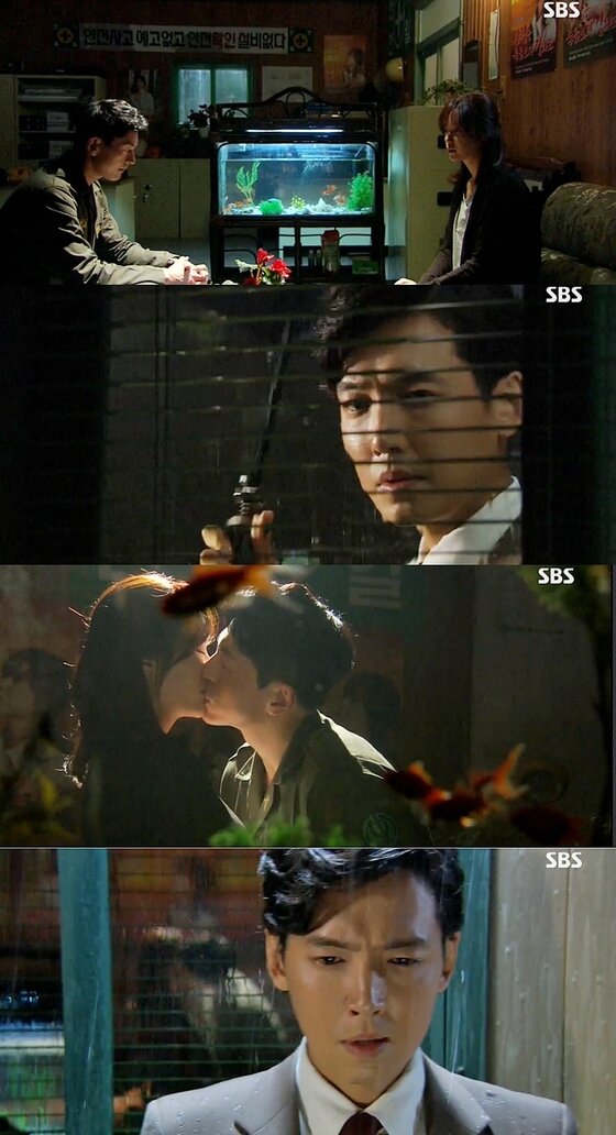 본문 이미지 - 일본에서 돌아온 한광철(정경호 분)이 서인애(황정음 분)와 한광훈(류수영 분)의 다정한 모습을 목격했다. © SBS '끝없는 사랑' 캡처 