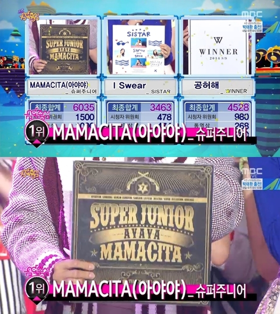슈퍼주니어가 20일 방송된 MBC ´쇼 음악중심´에서 ´마마시타(야야야)´로 1위에 올랐다. © MBC ´쇼 음악중심´ 캡처