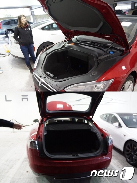 본문 이미지 - 테슬라의 앞 트렁크와 뒷 트렁크. 엔진룸은 별도로 없다. ⓒ News1