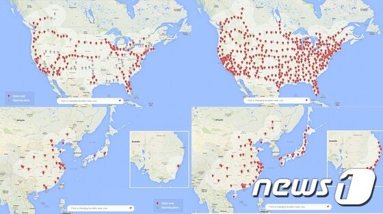 본문 이미지 - 테슬라 슈퍼차저 미국 및 아시아 예상도. 왼쪽은 현재, 오른쪽은 2016년. ⓒ News1
