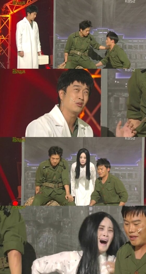 본문 이미지 - '알포인트'에 등장한 의무관과 귀신이 전쟁터에서 점점 미쳐가고 있다. ⓒ 뉴스1스포츠 / KBS2 '개그콘서트' 캡처