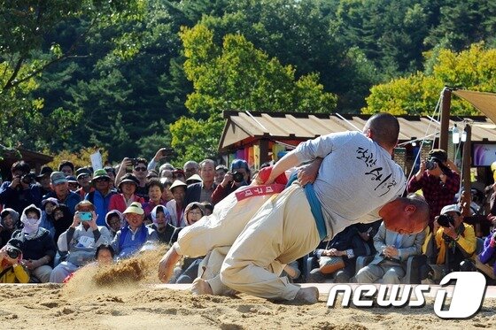 본문 이미지 - 대한불교조계종 팔공총림 동화사(주지 효광스님)는 다음달 3일부터 6일까지 스님들의 옛 산중장터를 현대식으로 재현한 '2019 팔공산 산중장터 승시(僧市) 축제'를 연다. 승시 축제를 대표하는 스님 씨름대회 모습. ⓒ News1 DB