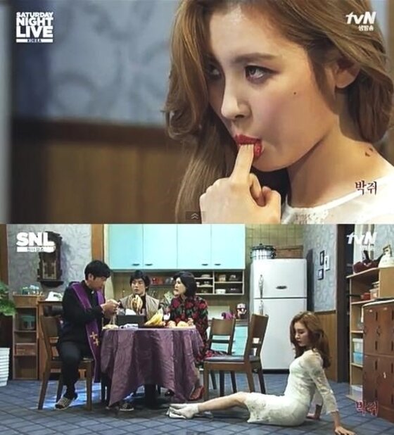 본문 이미지 - SNL 원더걸스 선미의 농염한 유혹이 남심을 설레게 하고 있다.  ⓒ News1star / tvN 'SNL코리아6' 캡처