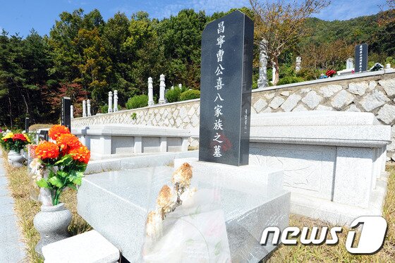 본문 이미지 - 4조원대 다단계 사기범 조희팔(58)의 오른팔 강태용(54) 검거 소식이 전해진 가운데 15일 오후 조 씨의 납골묘가 있는 경북 칠곡군 공원 묘원 비석에 '창녕조공희팔가족지묘'라고 씌어져 있다.2015.10.15/뉴스1 ⓒ News1 이종현 기자