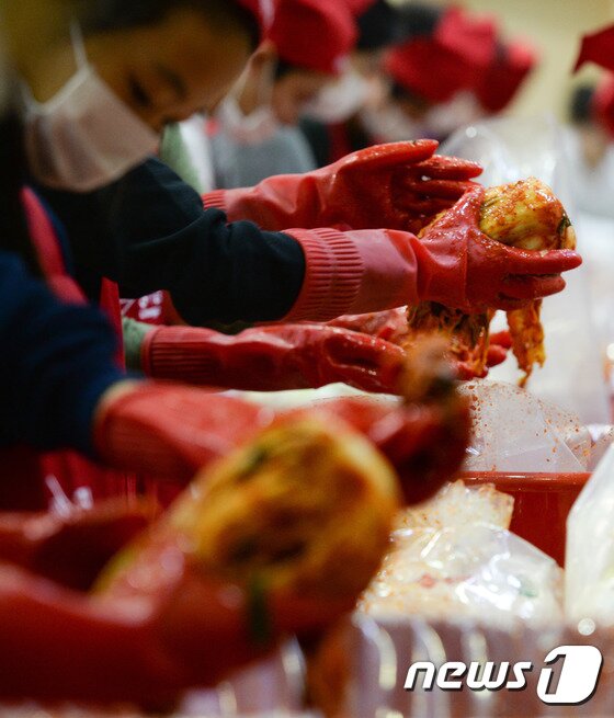 본문 이미지 - 종가집 김장나눔마당에서 참가자들이 김치를 담그고 있다.  ⓒ News1 허경 기자